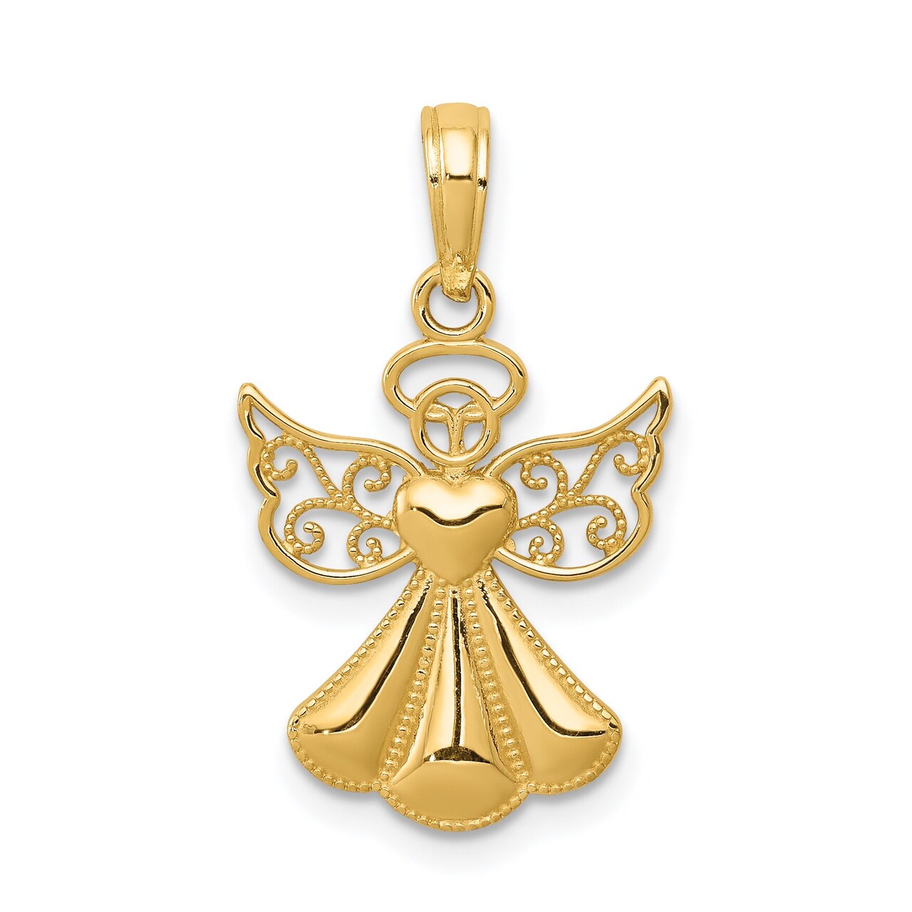 14K Gold Polished & Textured Guardian Angel Heart Pendant Charm Jewelry 20x15 mm